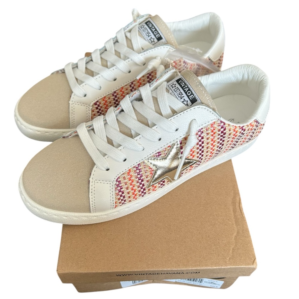 Vintage Havana Cream and Red Sneakers with Geometric Design
